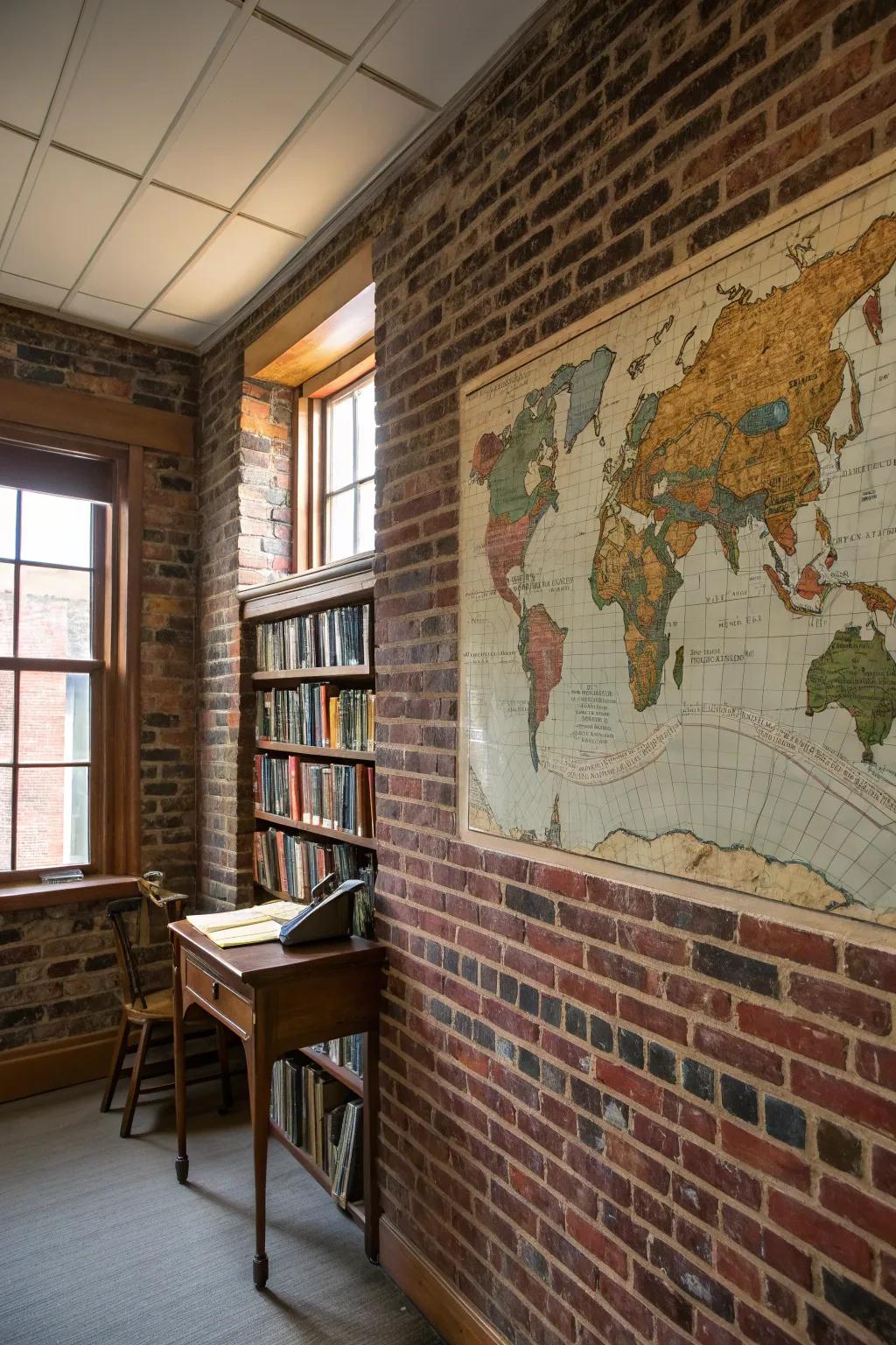 A vintage geographic mural transmutes a brick wall into a journey.