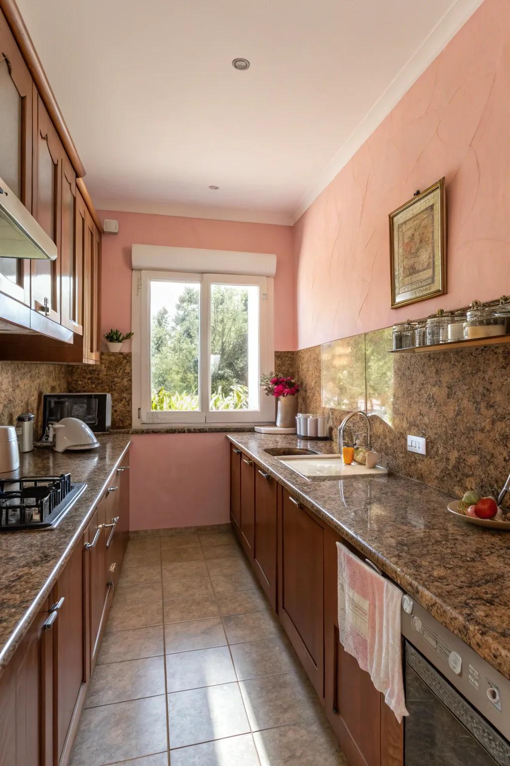 Gentle rose walls introduce a delicate and inviting touch to the space.