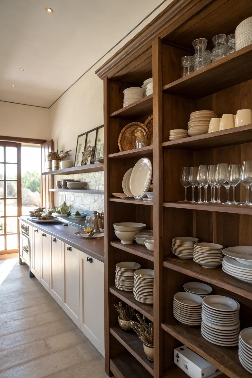 Open shelving in brown shades appends flair and utility.