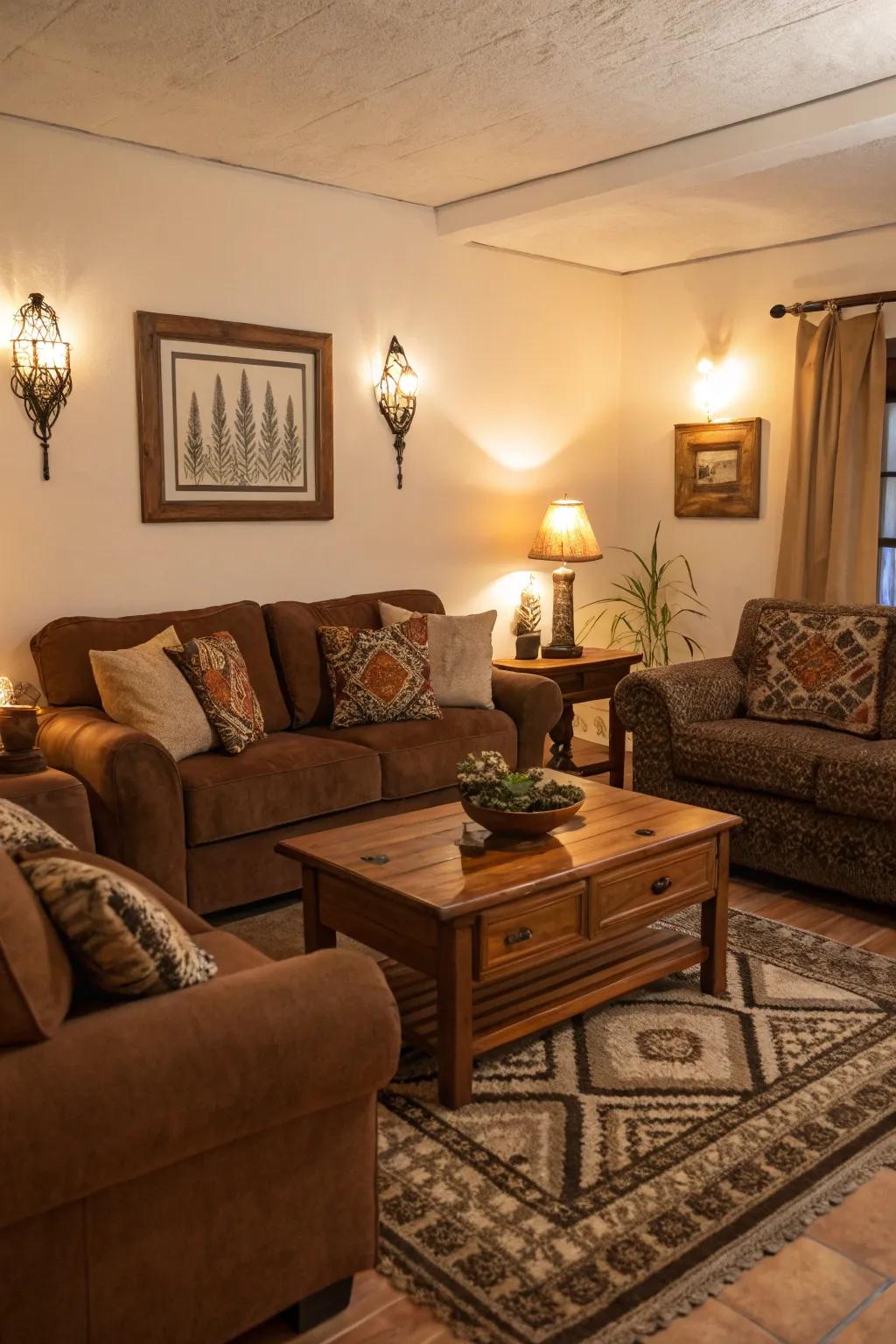 Comforting illumination enhances the snug impression of a brown lounge.