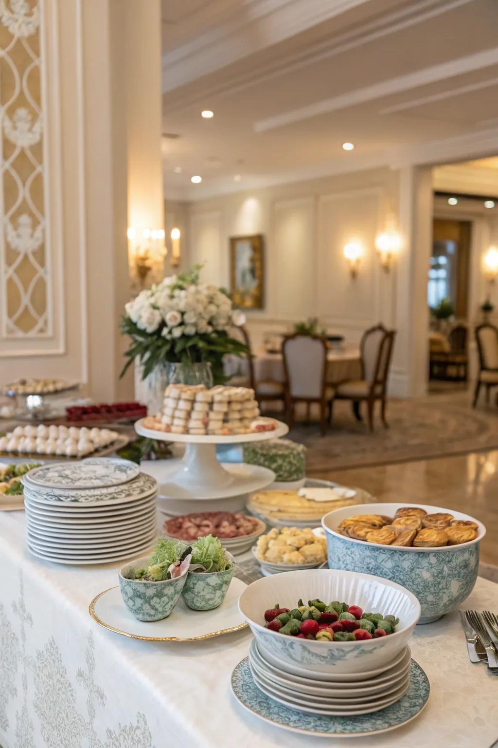 Ornamental dishware enhances your buffet's presentation.
