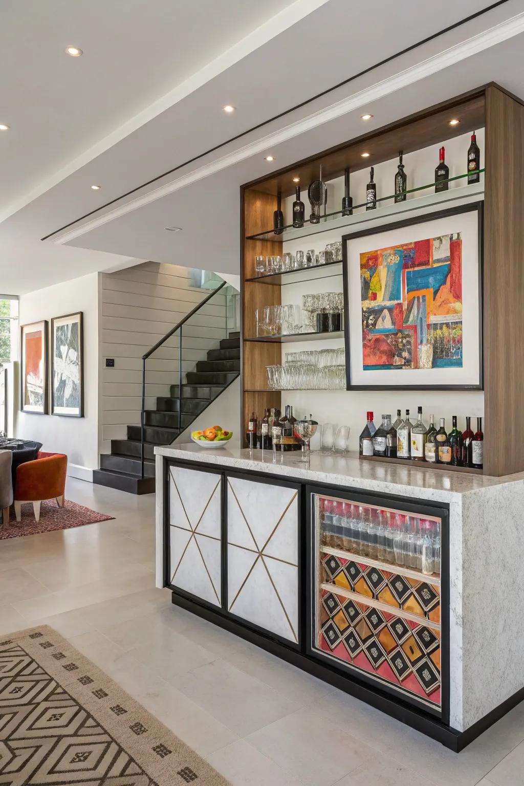 An artful display within a bar that merges spirits with aesthetics.