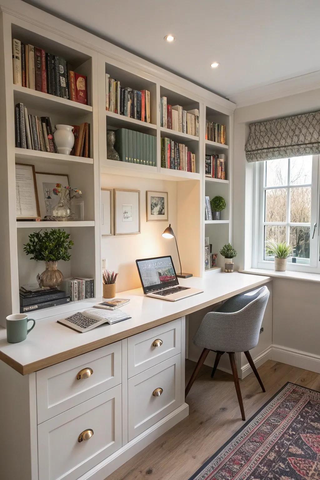 A stylish home office featuring an integrated desk and bookshelf.