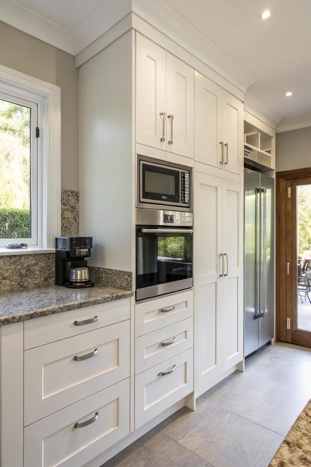Contemporary culinary space featuring a microwave consolidated within a tall cabinet.