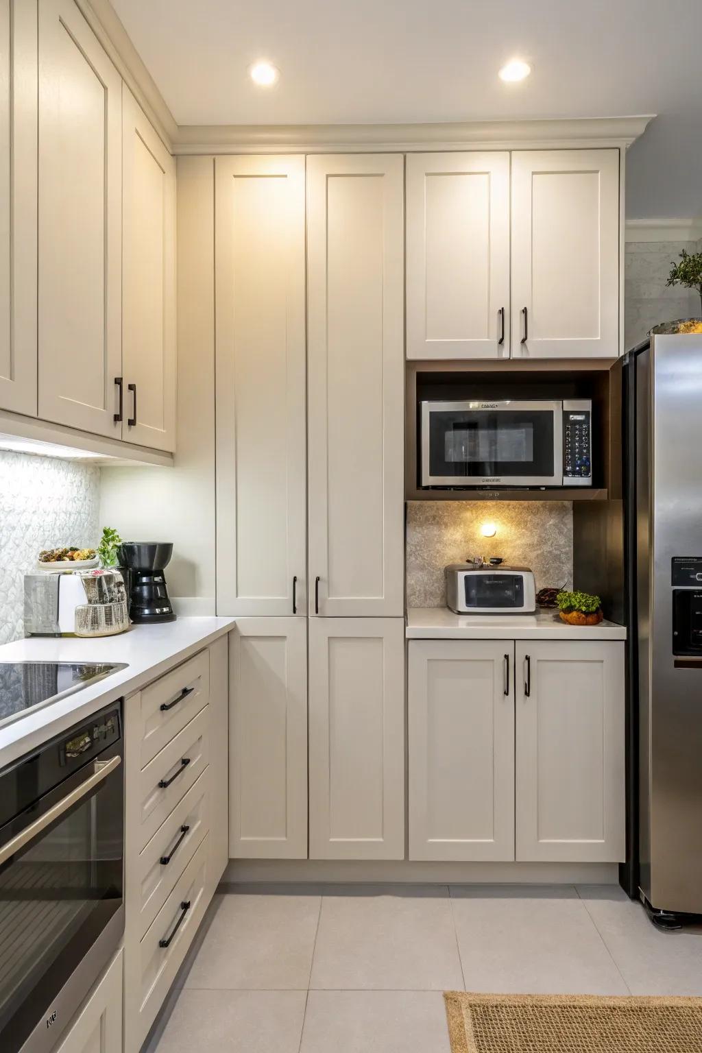A microwave concealed behind sleek cabinet doors.
