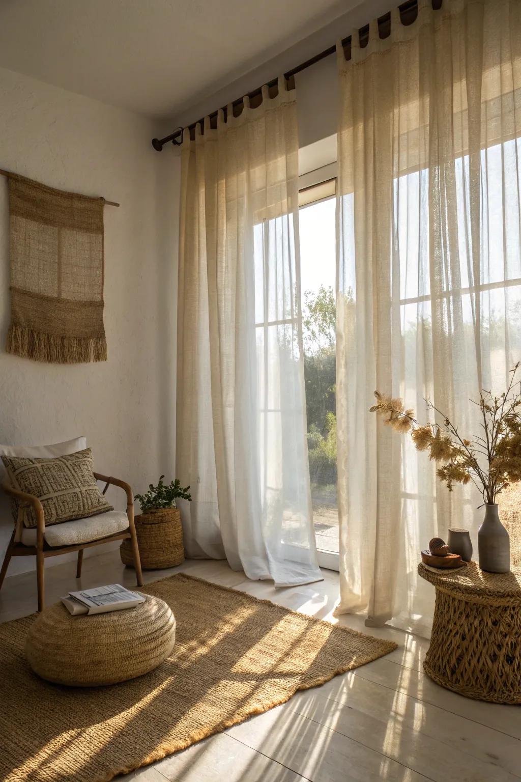 Light and airy with layered burlap and transparent drapes.