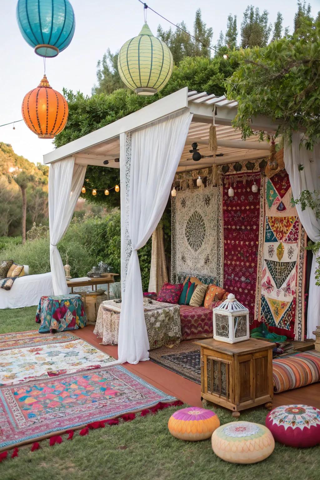 An artistic cabana filled with rich fabrics and unique decorations.