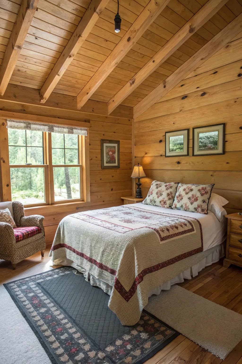 An open-layout cabin bedroom with minimal furniture.