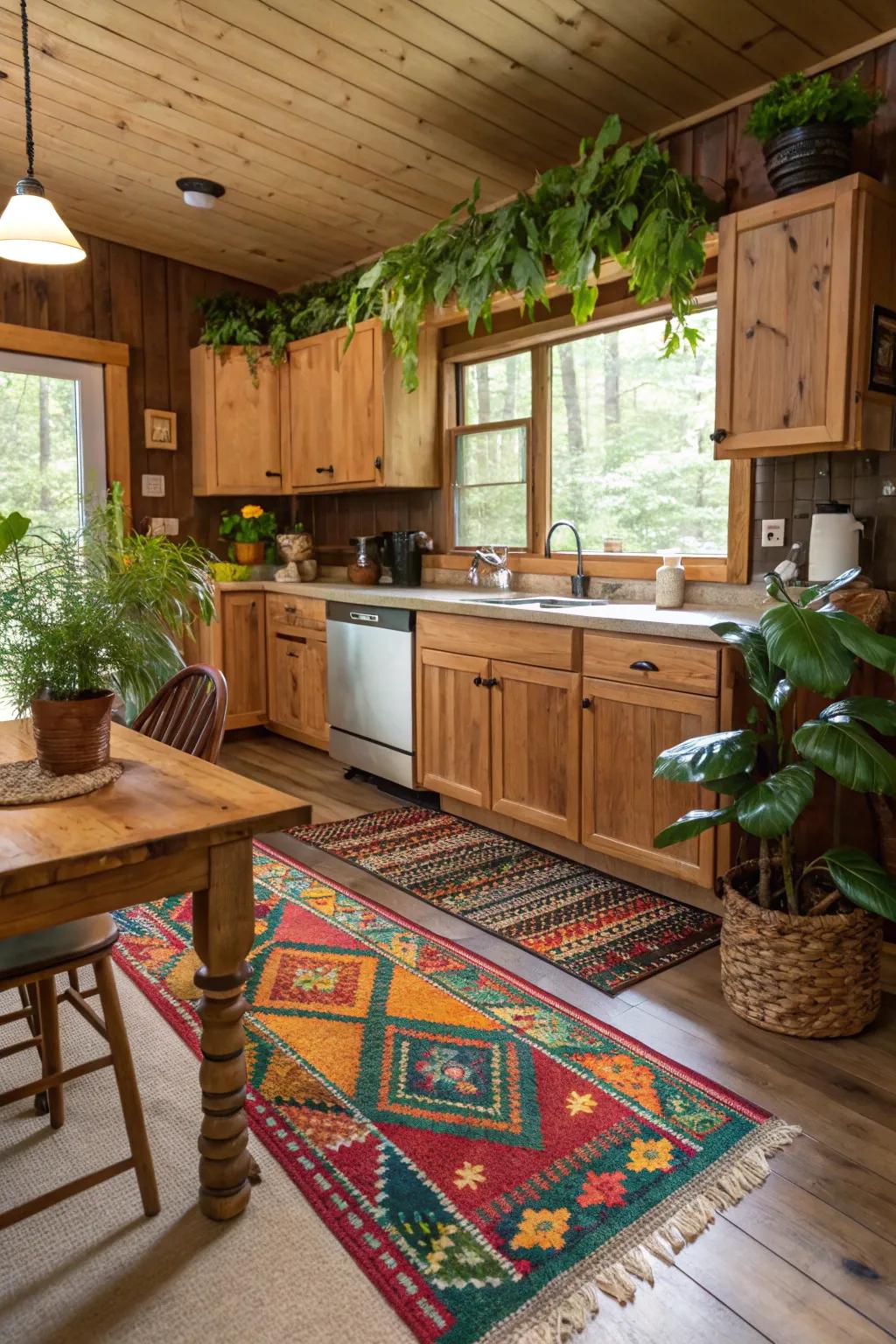 Floor coverings and flora contribute comfort and style to a log cabin kitchen.