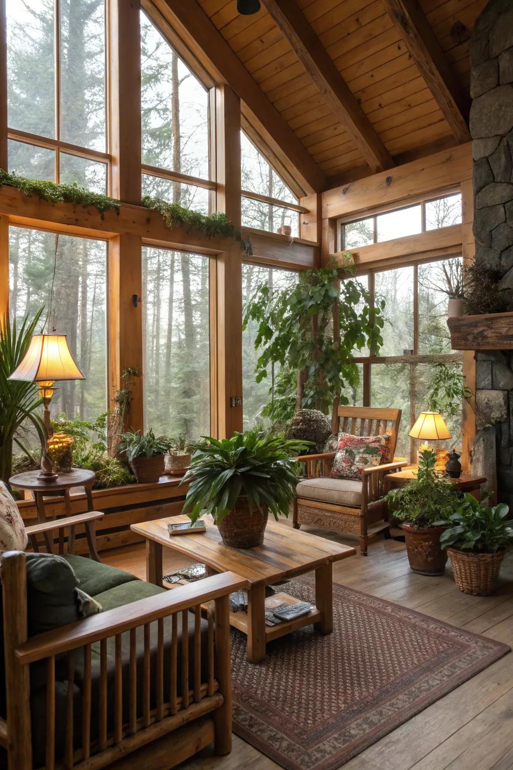 Nature inspired decor, including plants, enriches this cabin family room.
