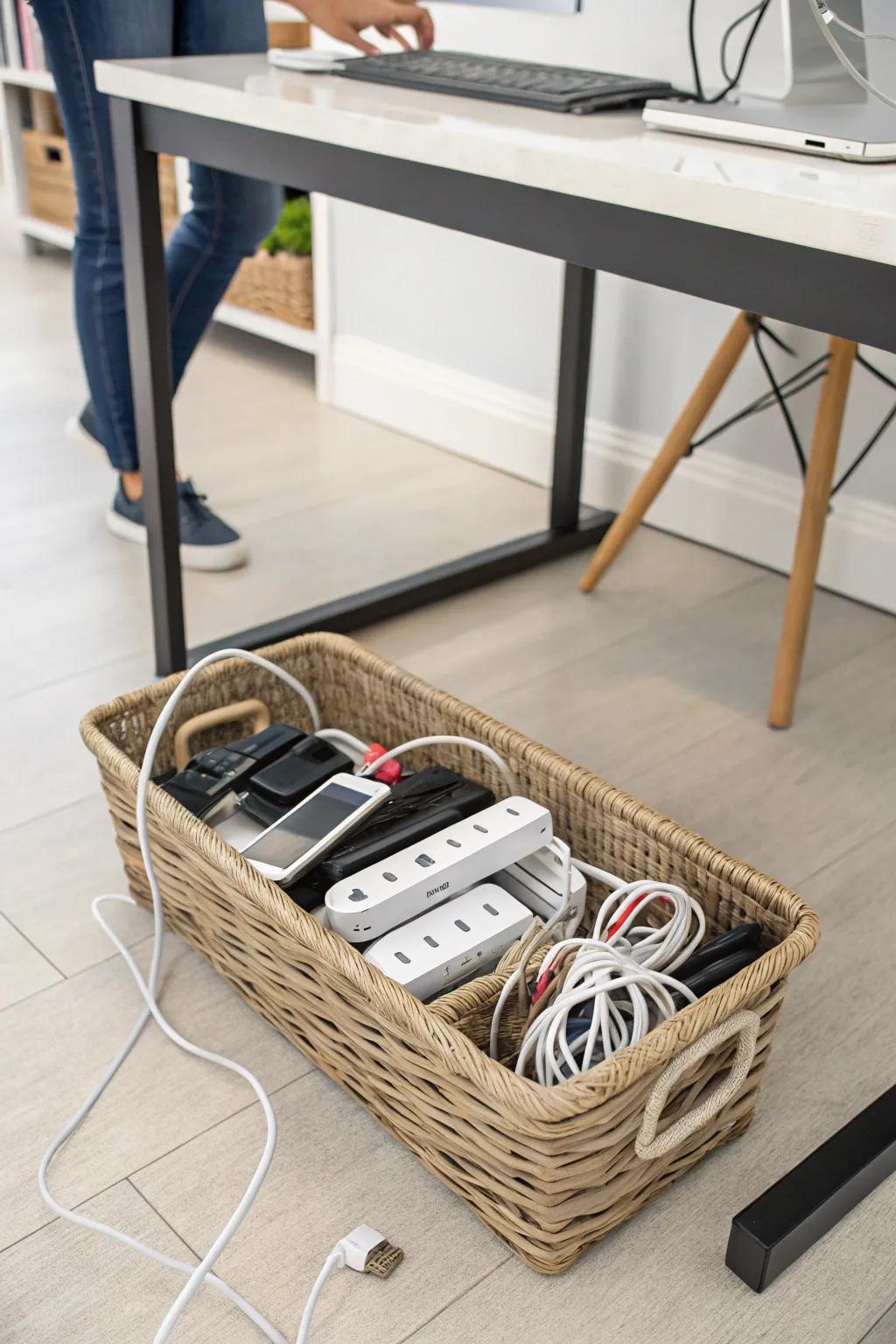Cable receptacle beneath desk for concealed storage.