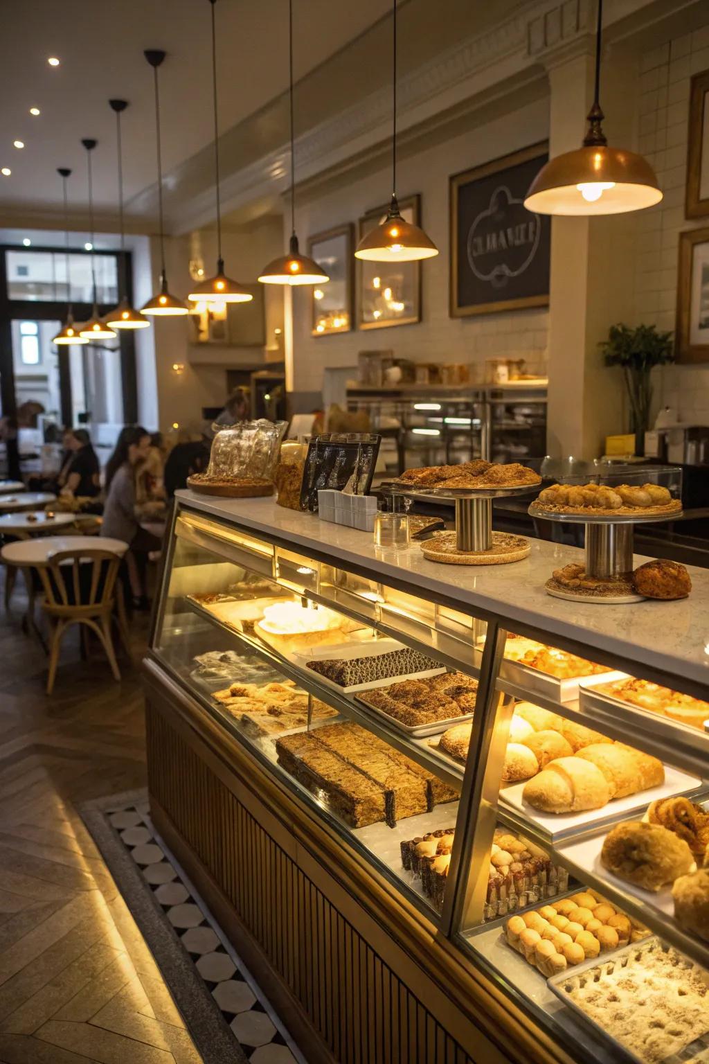 Delicious baked goods are highlighted by under-counter illumination at a café counter.