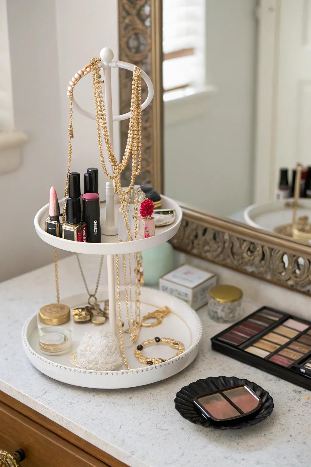 A chic cake stand organizer maintains a stylish and orderly vanity.