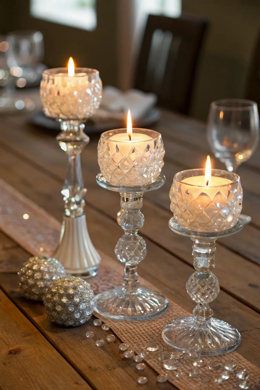 Crystalline and vitreous candle stands mirroring candlelight elegantly.