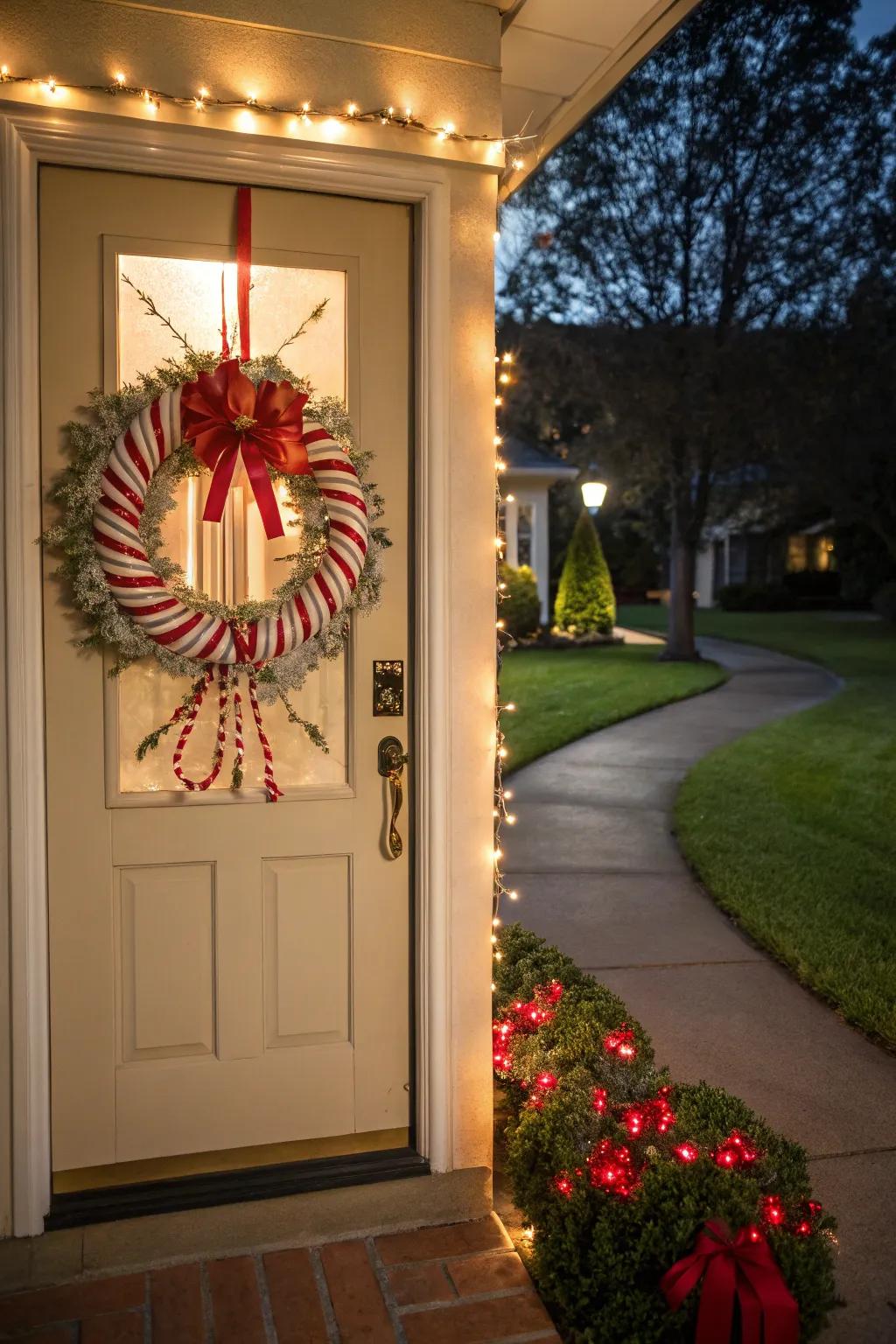 Receive attendees with a peppermint stick chaplet.