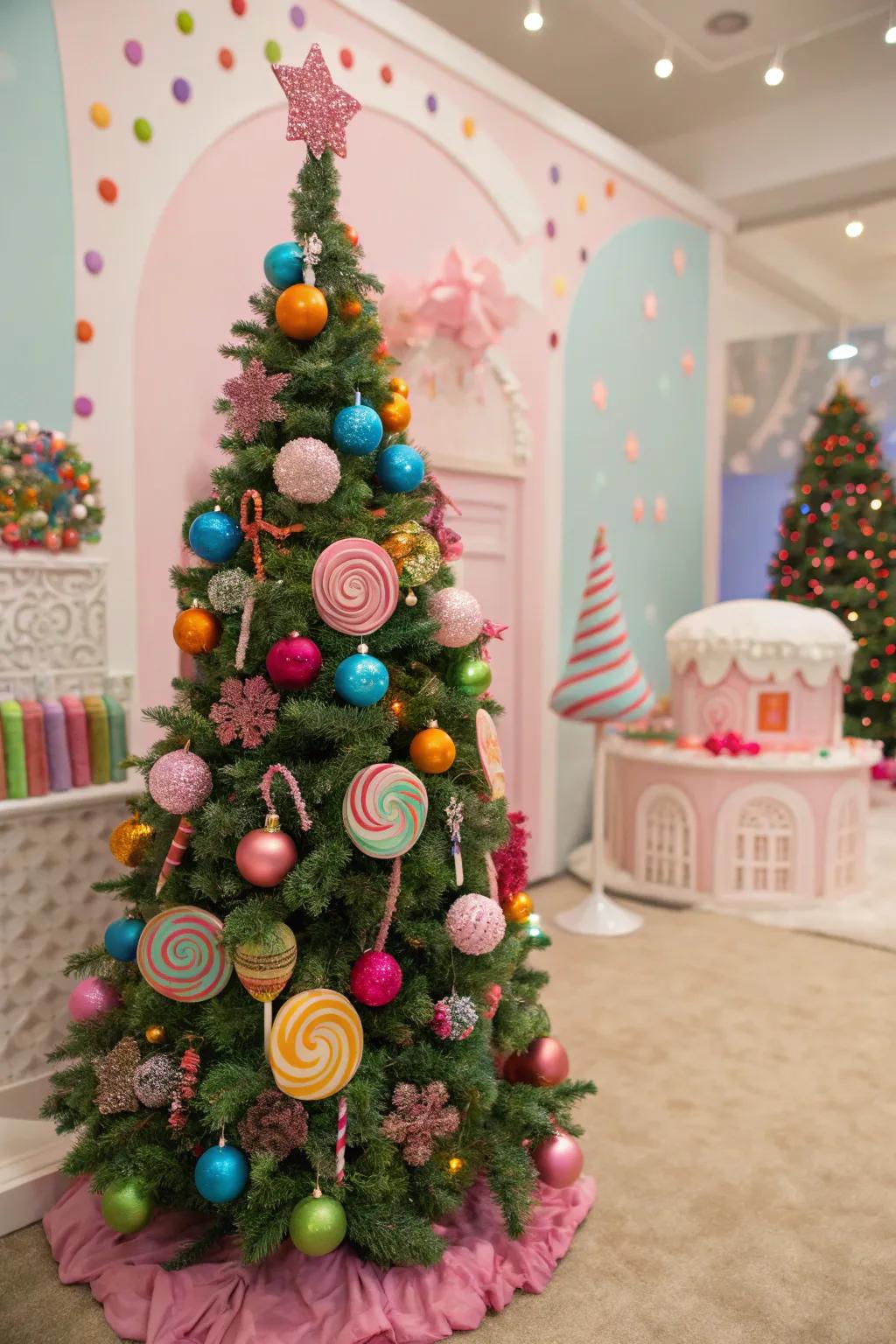 Candy sprays inject an eccentric sensation to a festive tree.