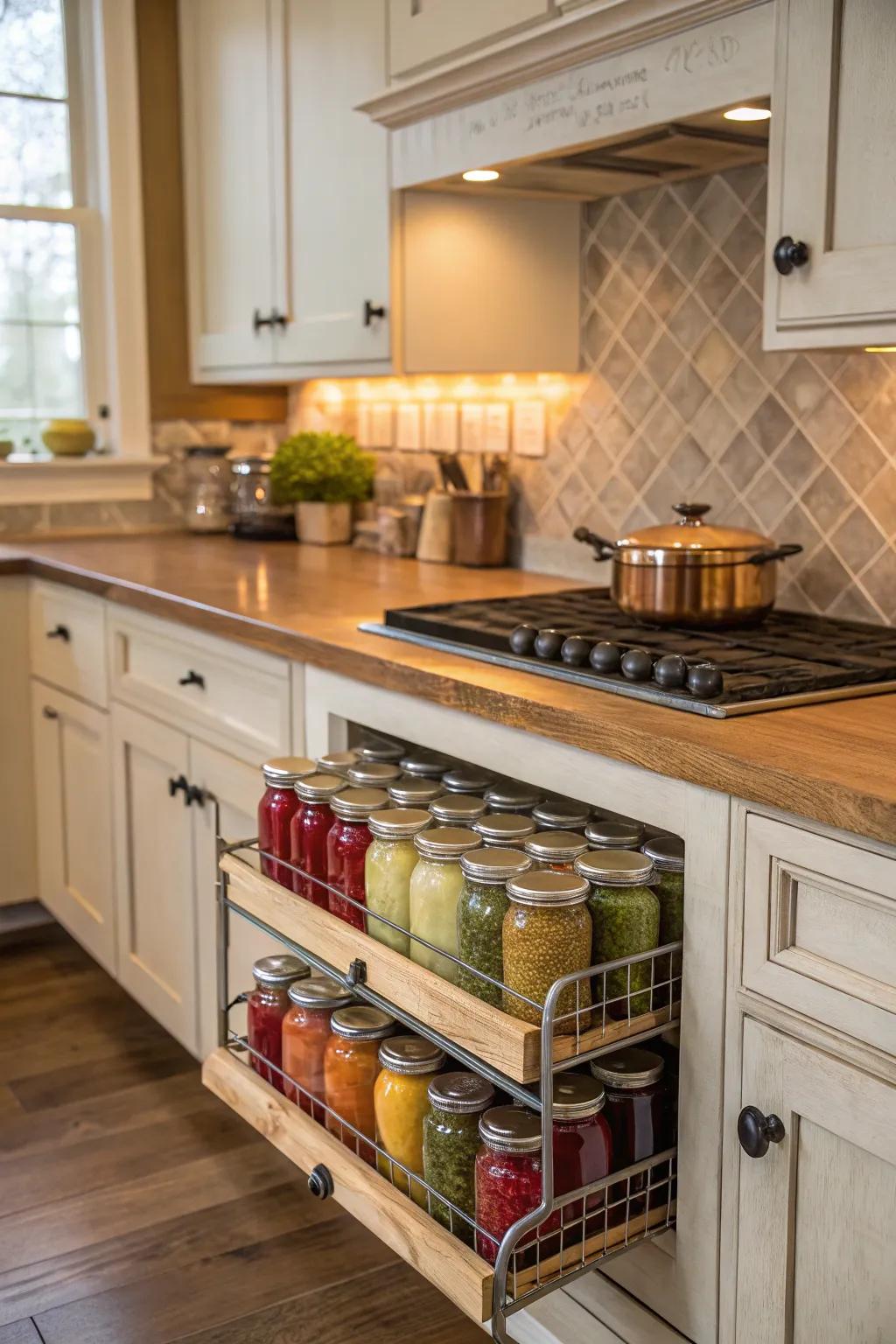 Maintain clear counters using under-cabinet storage for jars.