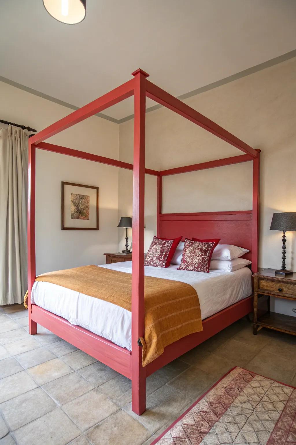 A bold-toned four-poster renders a striking proclamation within a small room.