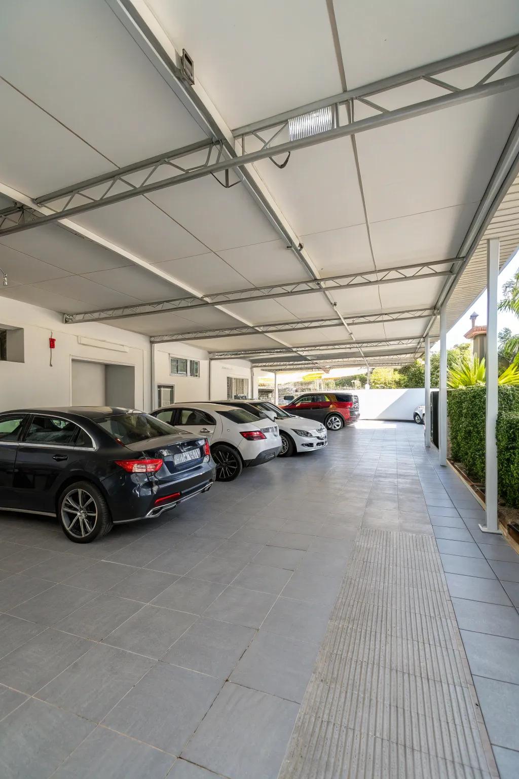 A carport with an efficient configuration, providing sufficient area for multiple vehicles.