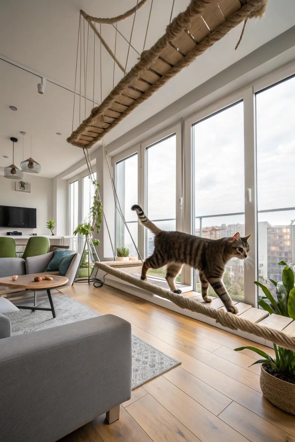 High-rise adventure with suspended bridges.