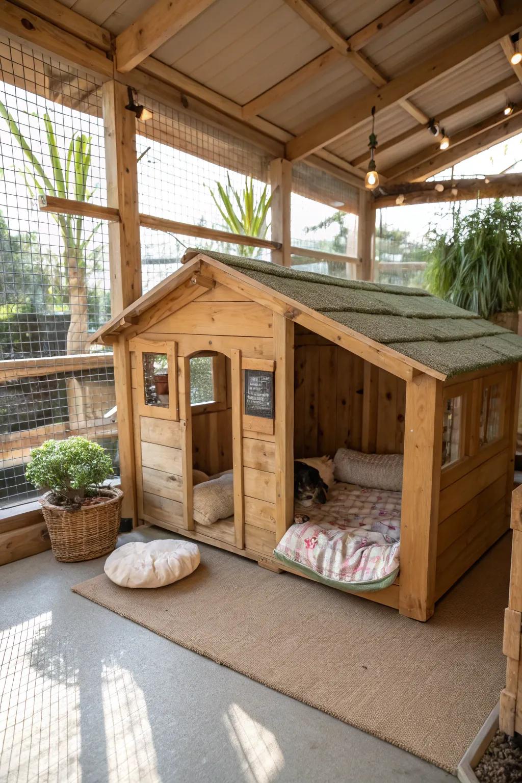 A captivating rustic cabin inside a cattery, presenting a pleasant hideaway for cats.