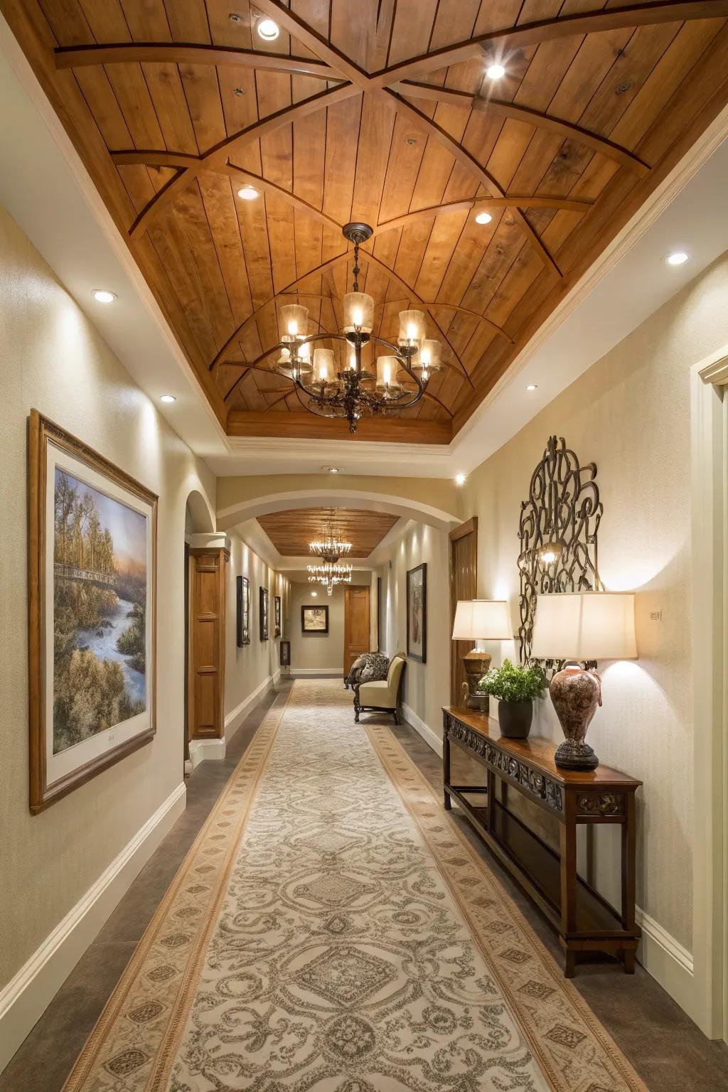 A hallway showcased a cedar accent ceiling, introducing an artistic flair.