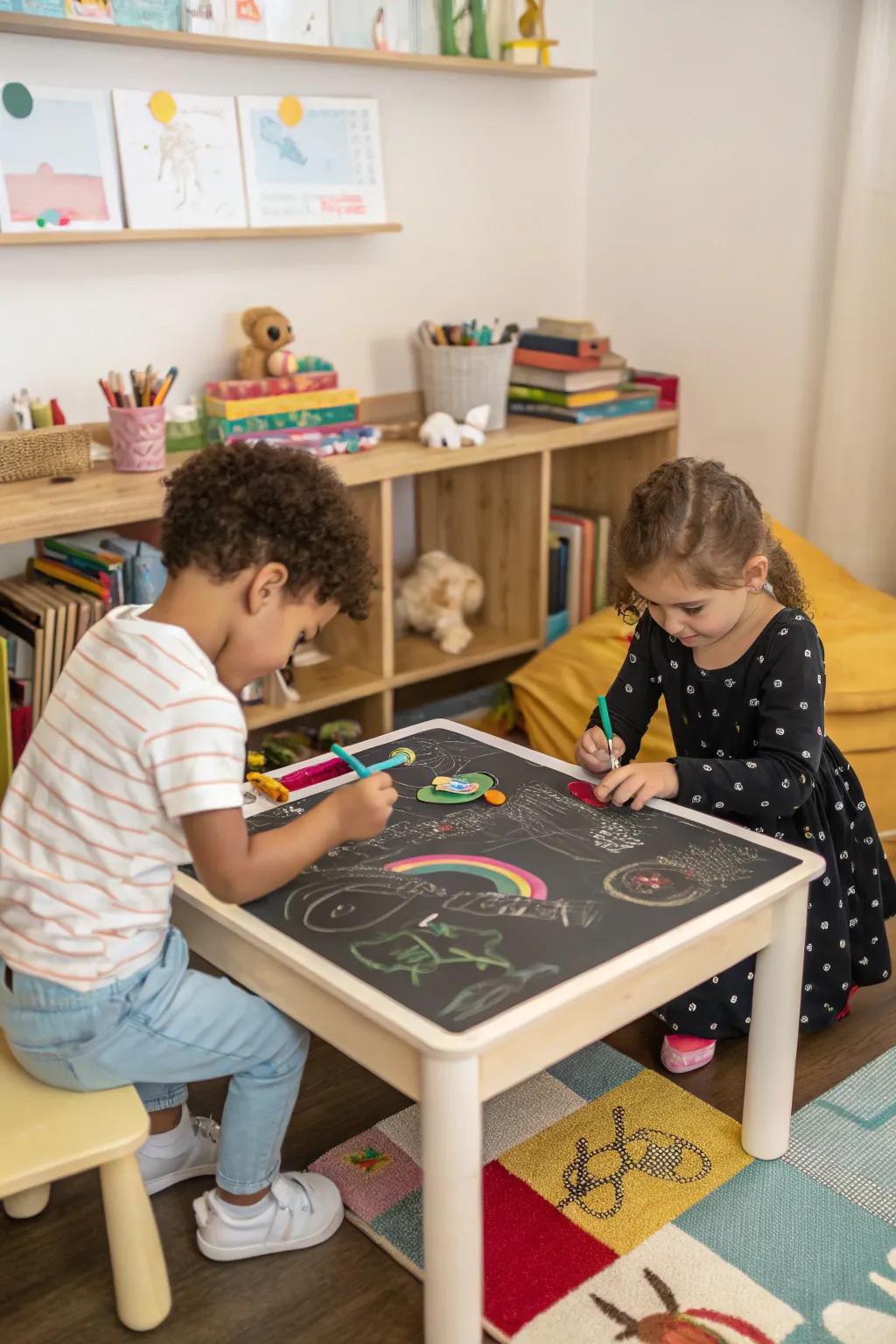 Slateboard paint on furniture encourages creative expression.