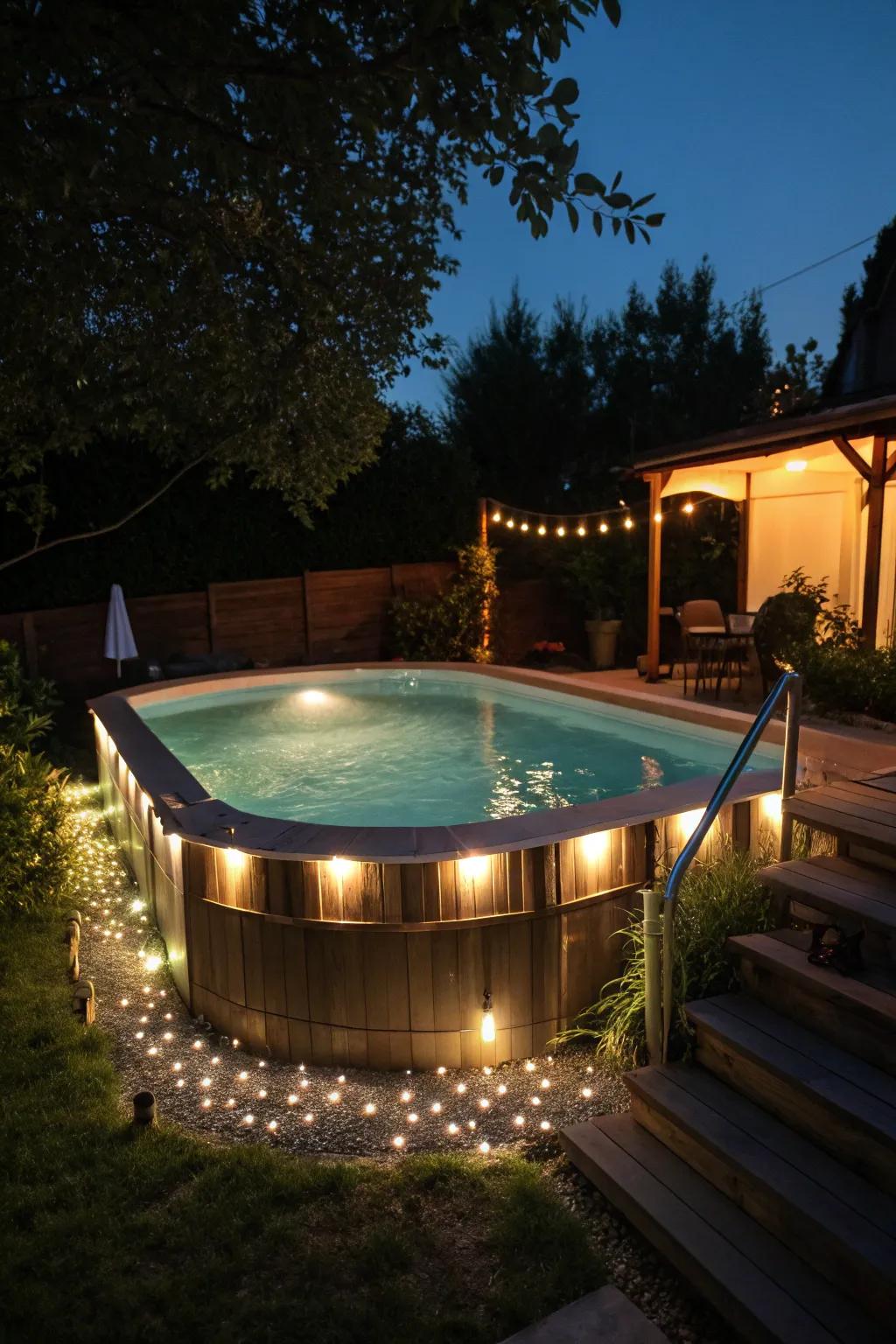 LED lamps impart a warm luminance to your pool space following sunset.