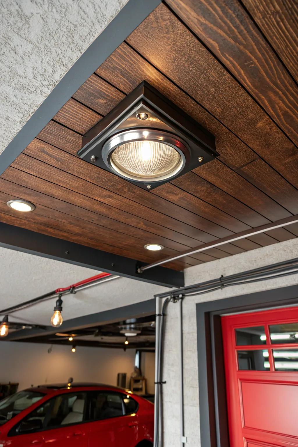 Elevate your garage through the refined elegance exhibited by integrated ceiling luminaires.