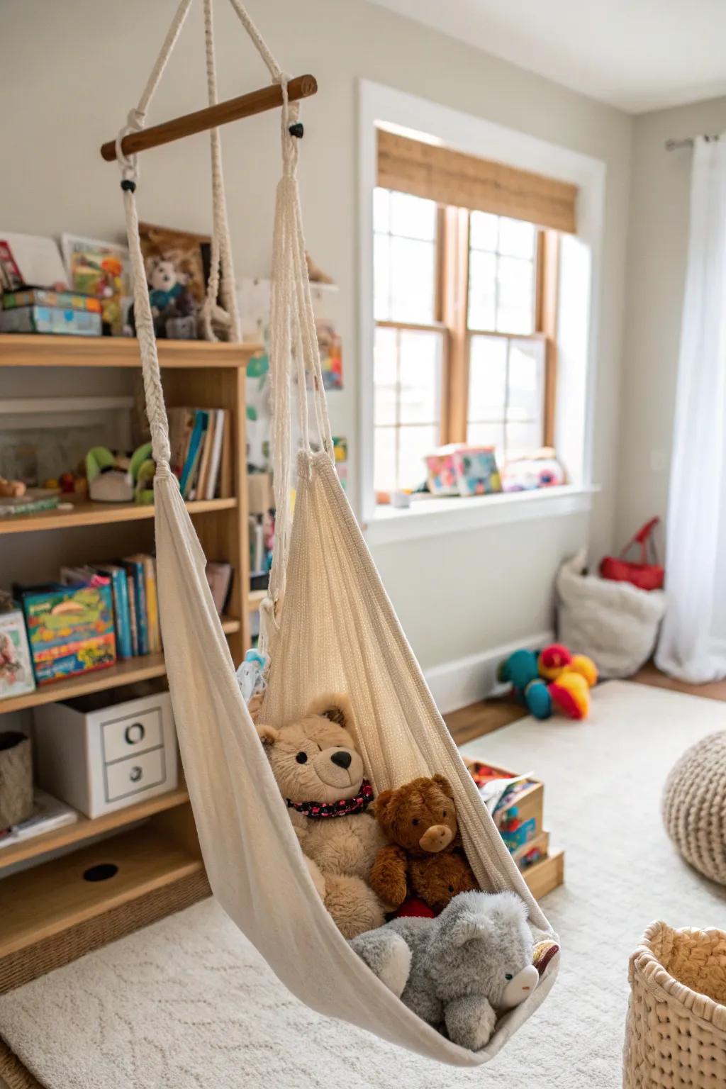 Toy hammocks fashion a spirited exhibition for stuffed creatures.