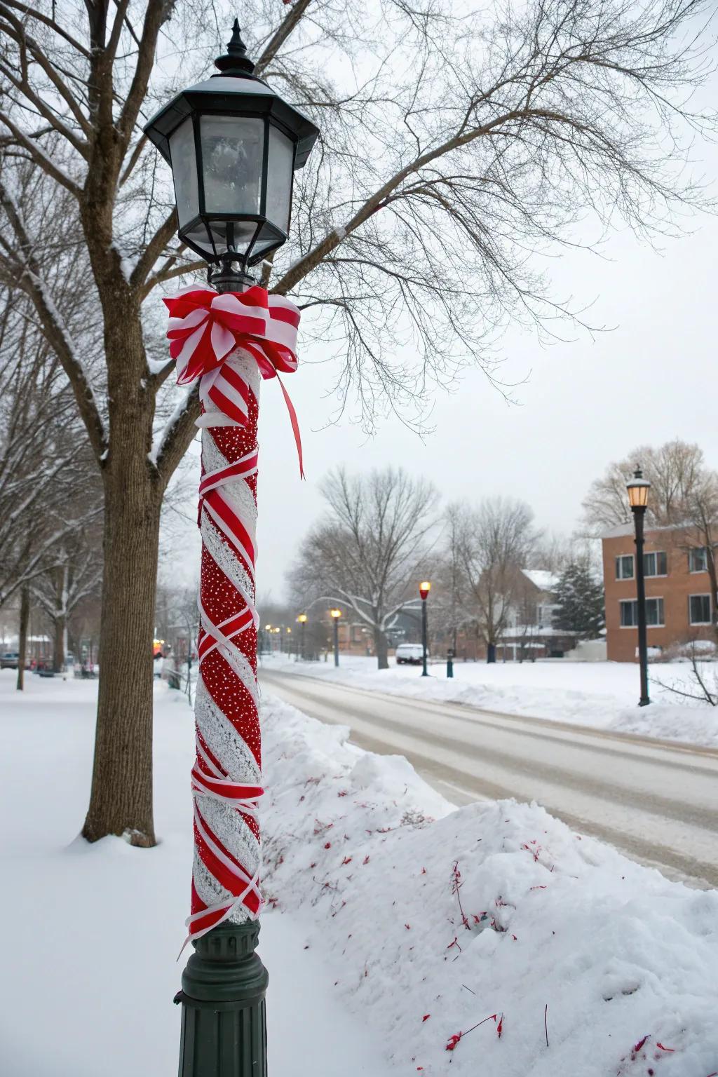 Candy cane stripes incorporate a sweet detail to a lamp post.