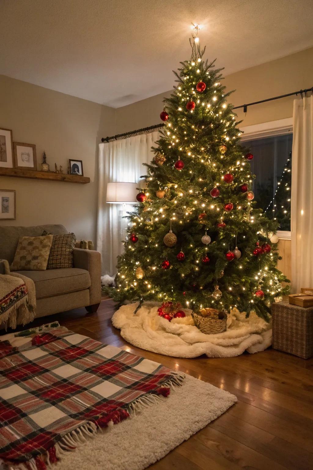 A blanket introduces coziness and texture to your tree's foundation.