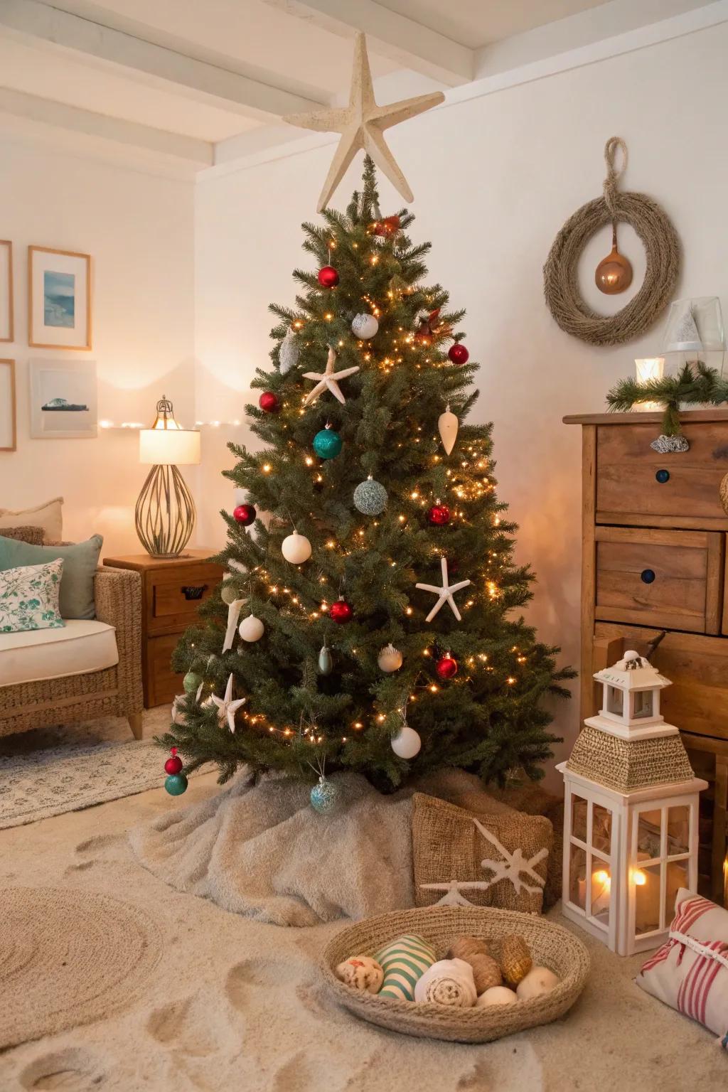 A refreshing Christmas tree showcasing coastal-themed ornaments and colorful lights, evoking a seaside holiday sensation.
