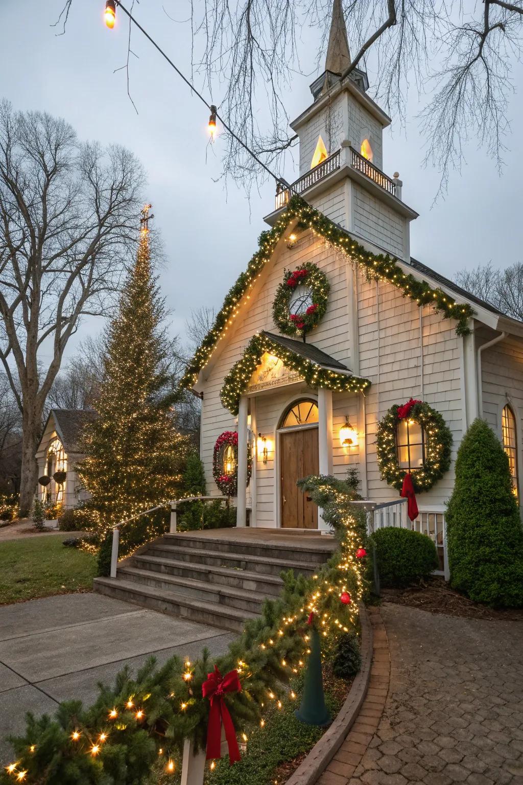 Church embellished with seasonal circlets and festoons.