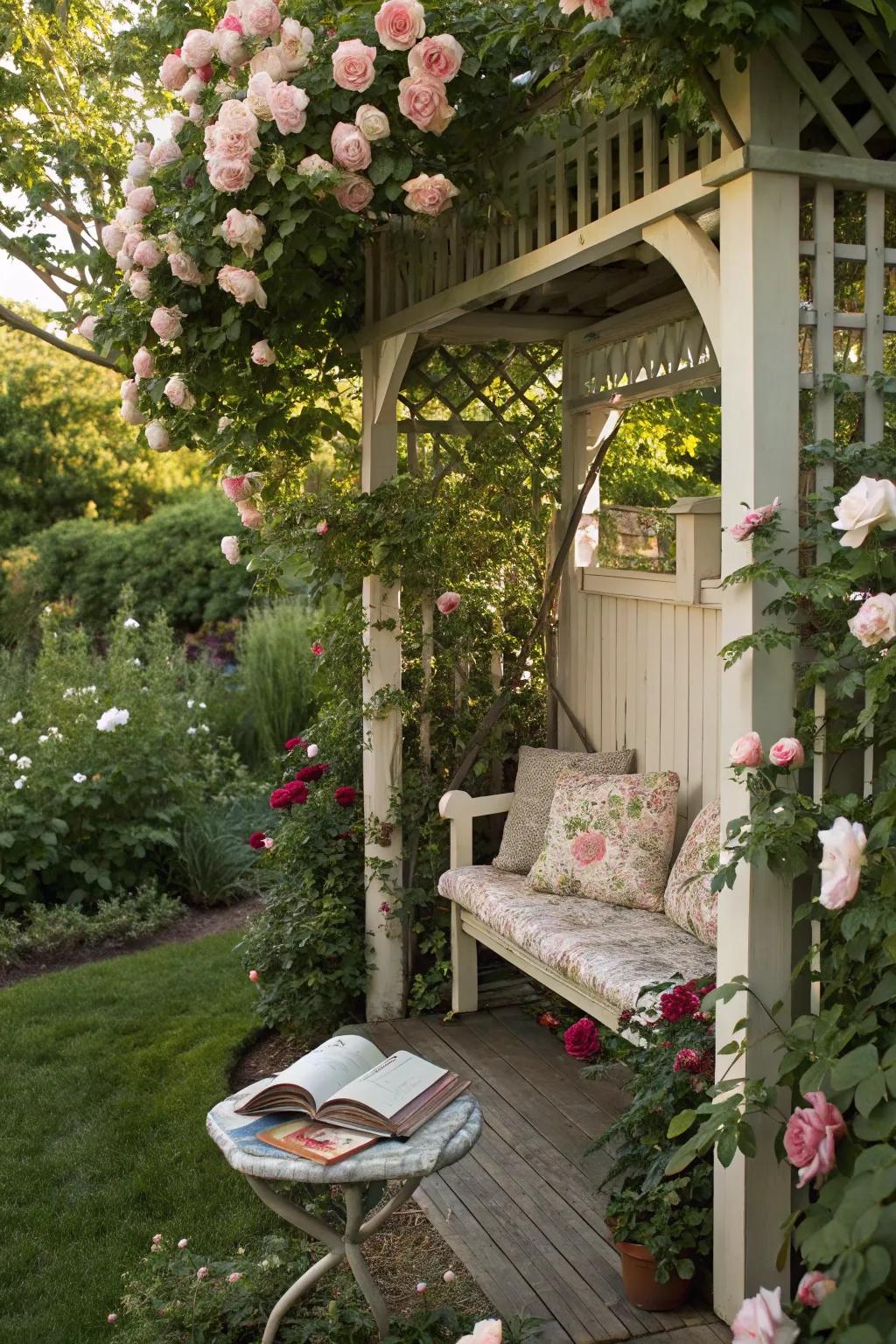 Find tranquility in a rose-covered garden nook.