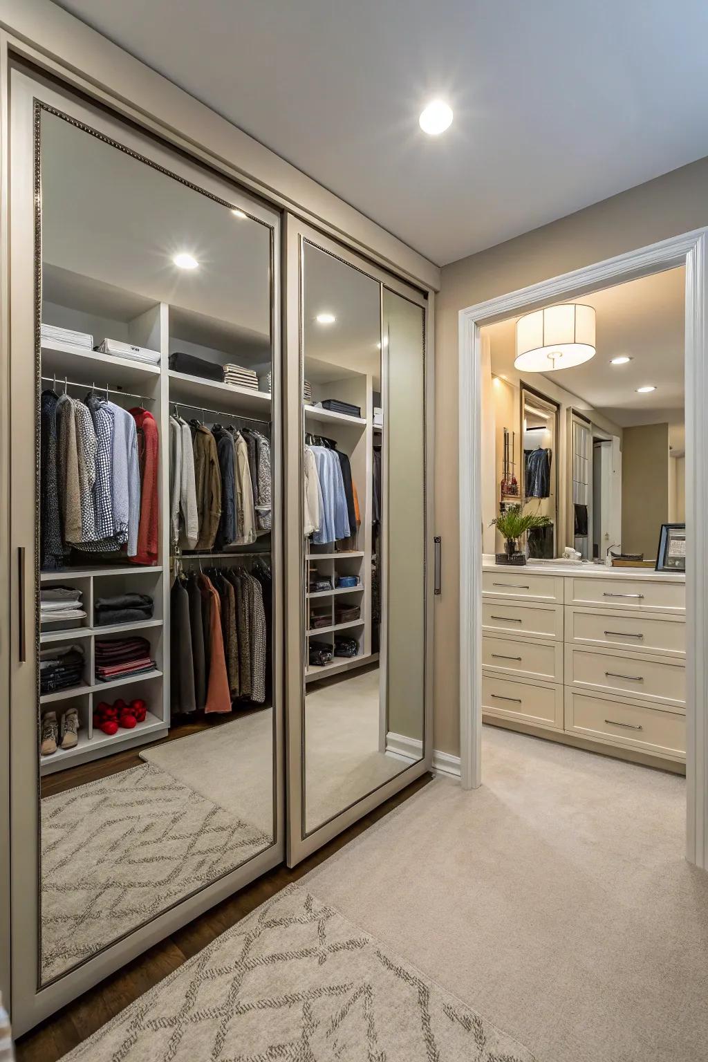 Mirrors introduce depth and practicality to closet designs.