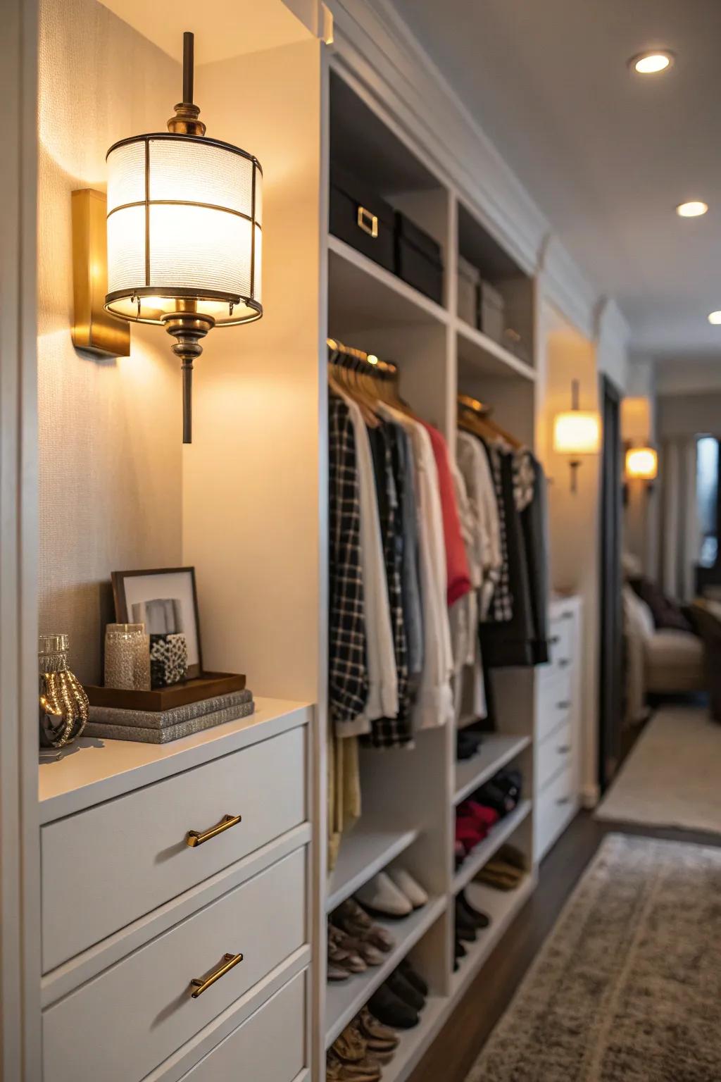 Wall lights add ambient lighting and charm to your closet area.