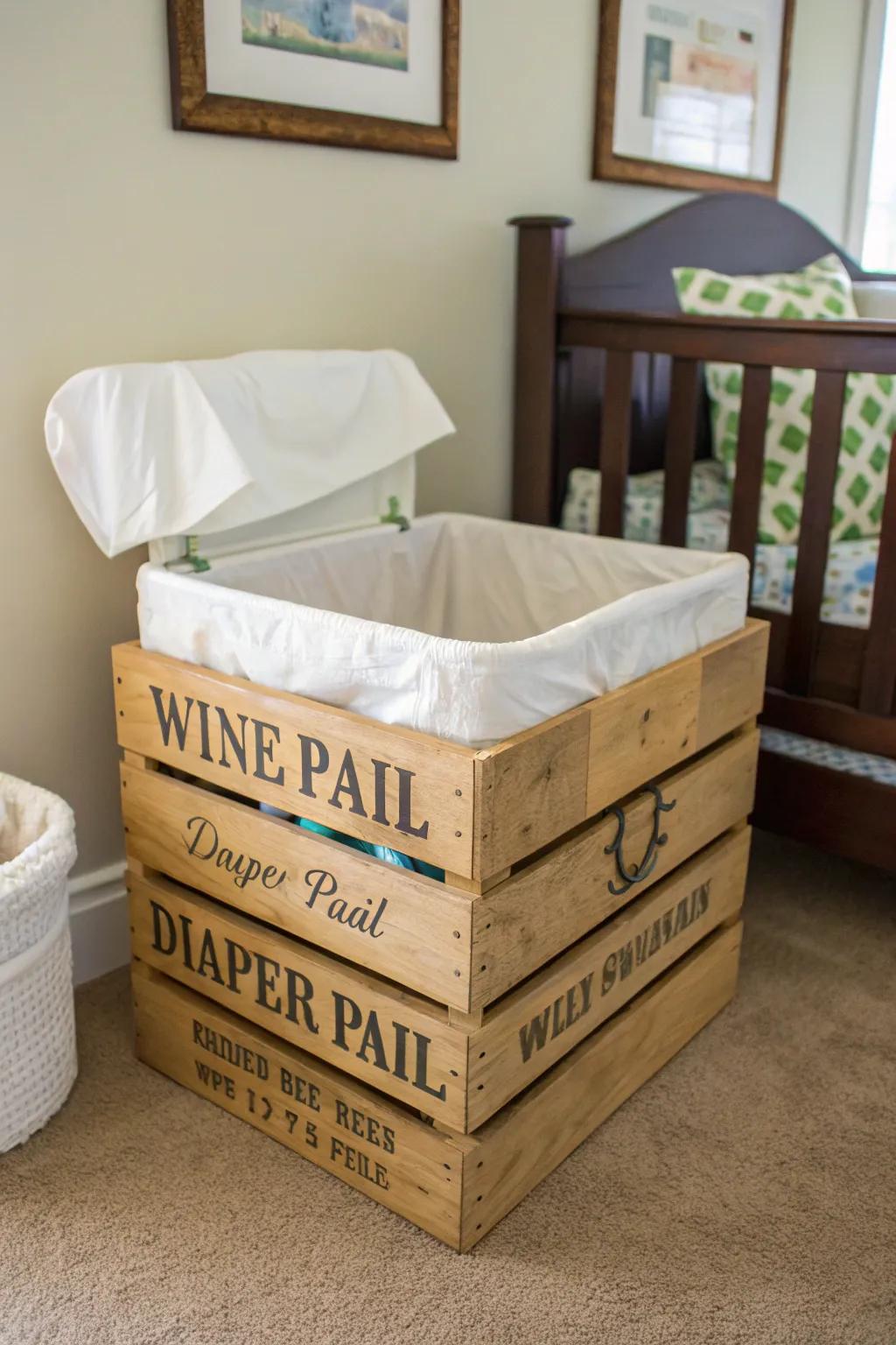 A repurposed wine crate imparts rustic charm and functionality as a distinctive diaper receptacle.