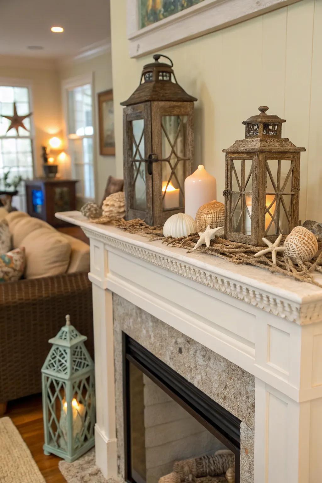 A well-decorated mantel elevates the fireplace as a focal point.