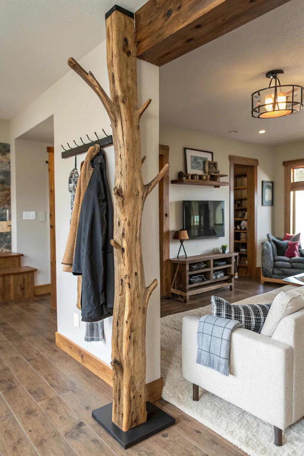 A untreated wood coat rack, showcasing the inherent magnificence of raw materials.