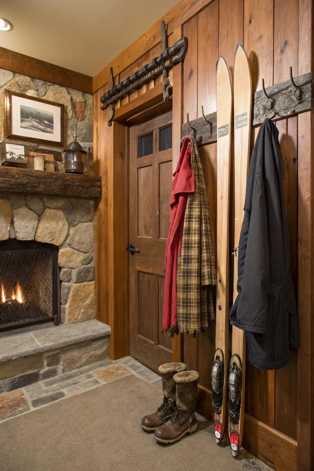 Repurposed vintage skis create a charming and nostalgic coat rack.