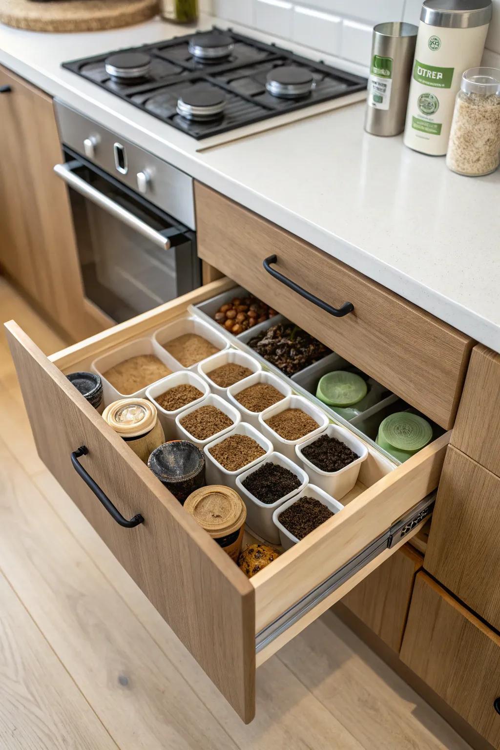 Ecologically mindful receptacles impart a sustainable feature to your drawer.