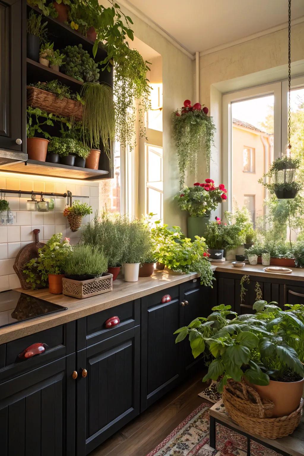 Dark cabinets complemented by lush plant life for a fresh and lively kitchen.