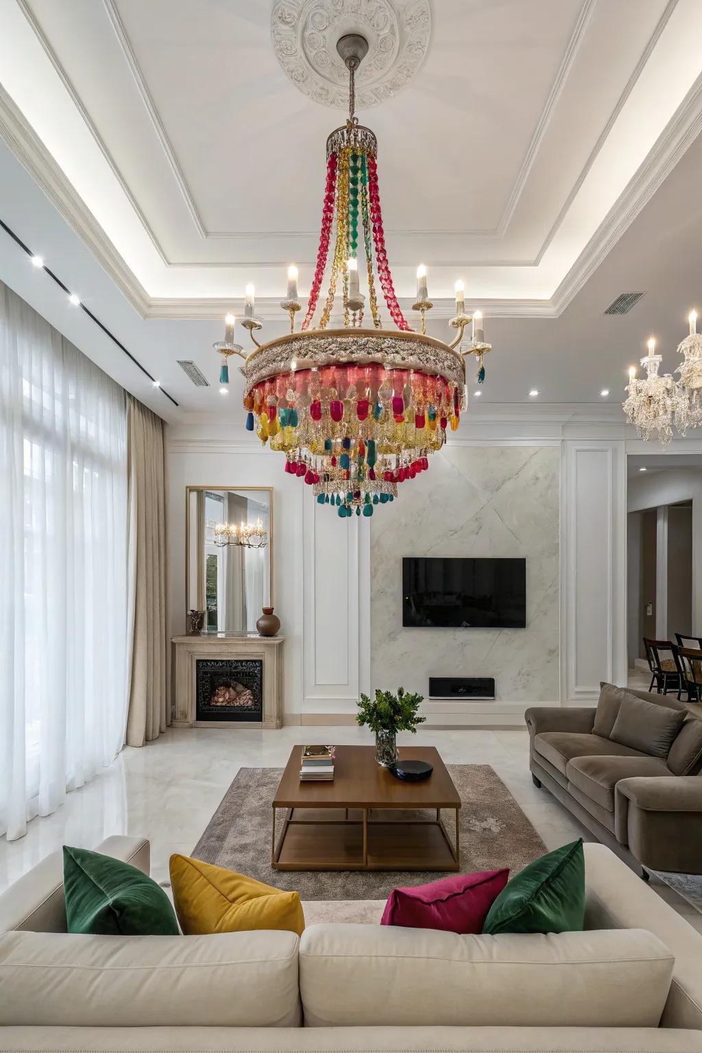 A colorful chandelier introduces drama and emphasis to this minimalist living room.