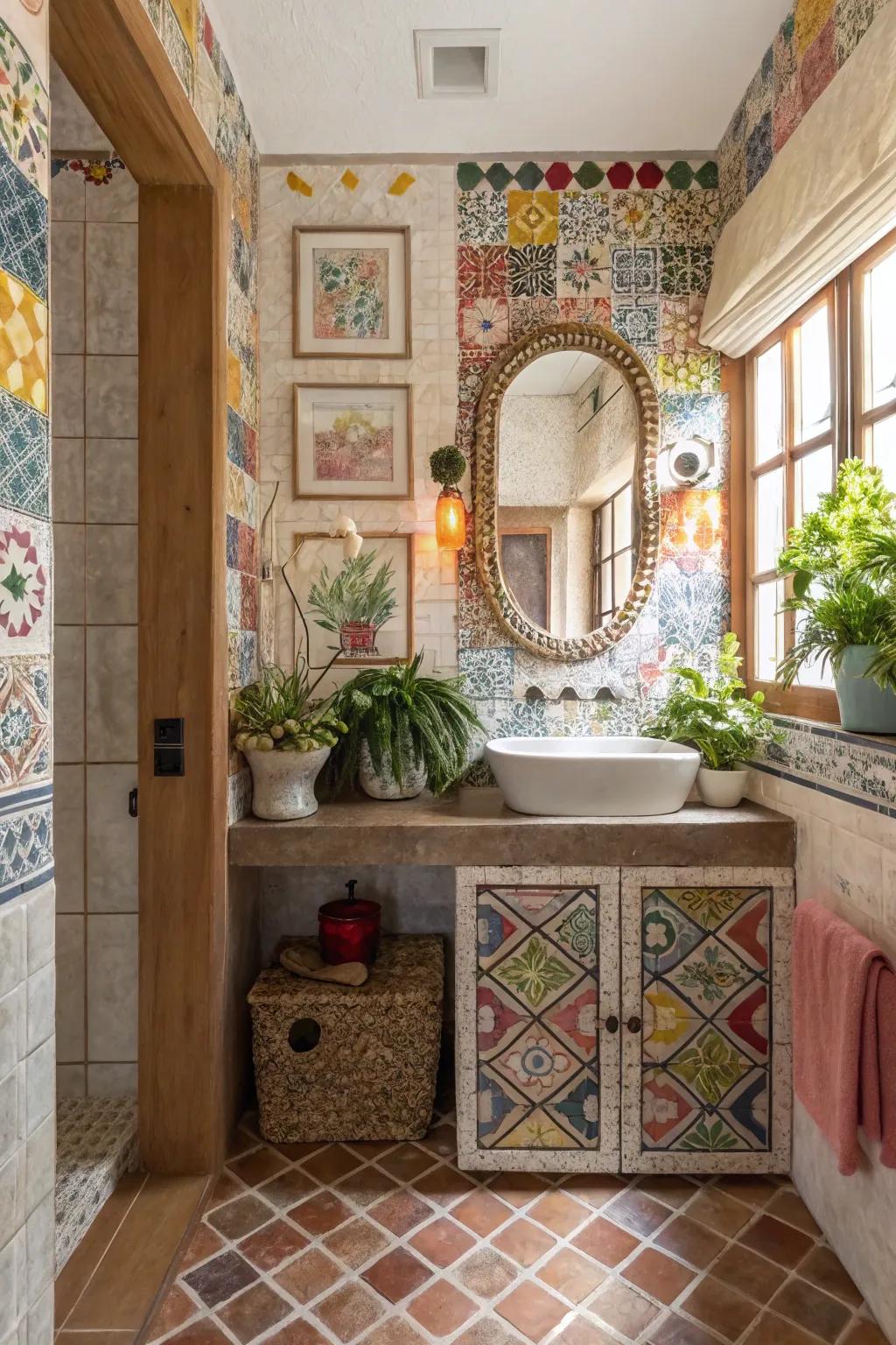 Textured tiles incorporate depth to this colorful guest bathroom.