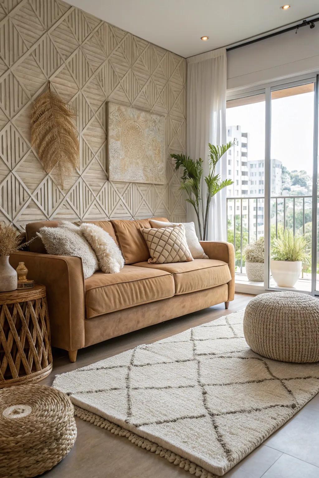 A condo interior showcasing a variety of textures through rugs, cushions, and wall coverings.