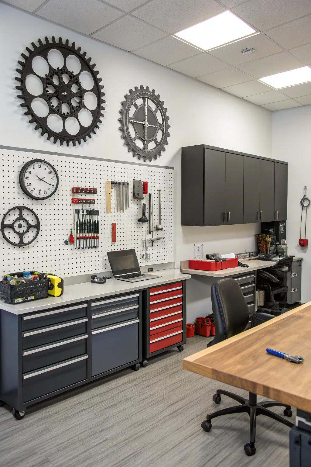 Functional decor components, such as gear clocks and pegboards, in an office.