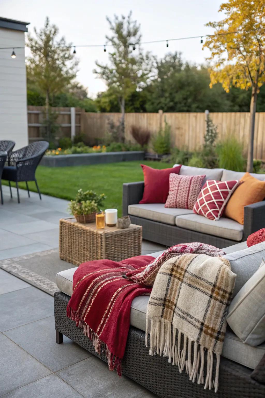Welcoming textures featuring cushions and blankets for a comfortable patio.