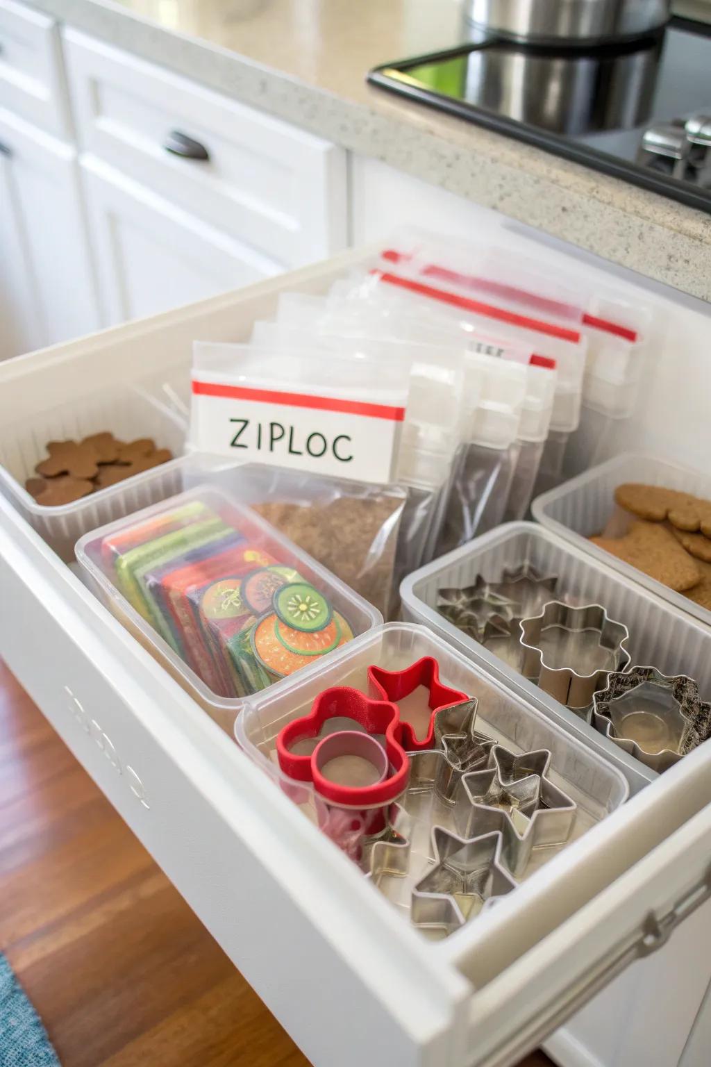 Cookie cutters organized in labeled Ziploc bags for easy storage.