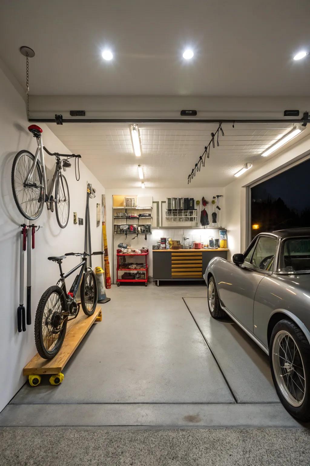 A well-lit garage featuring vibrant and tactical illumination.